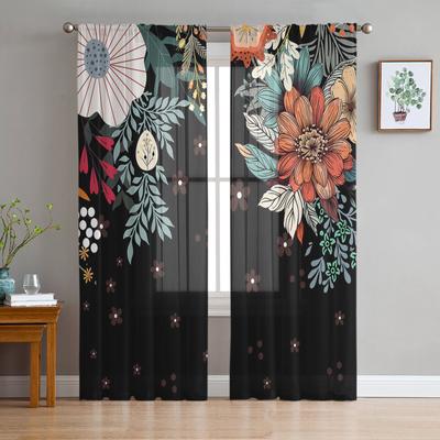 Böhmischer Abstrakter Stil Blumen Pflanzen Schwarze Transparente Vorhänge für Wohnzimmerdekor Fenstervorhänge Küche Tüll Voile Vorhänge