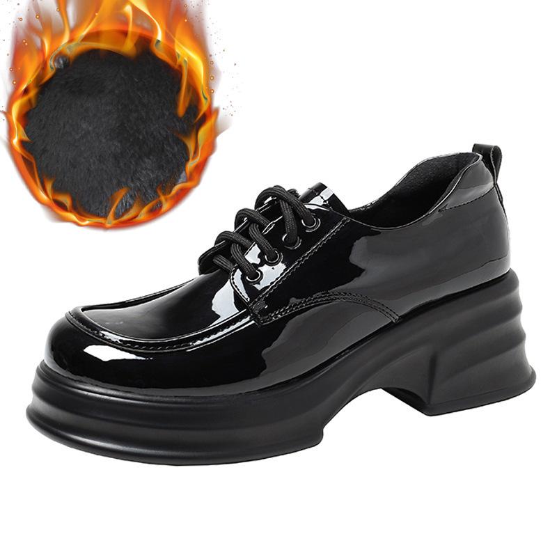 2025 Autumn Women's British Style Patent Leather Platform Loafers with High Heels