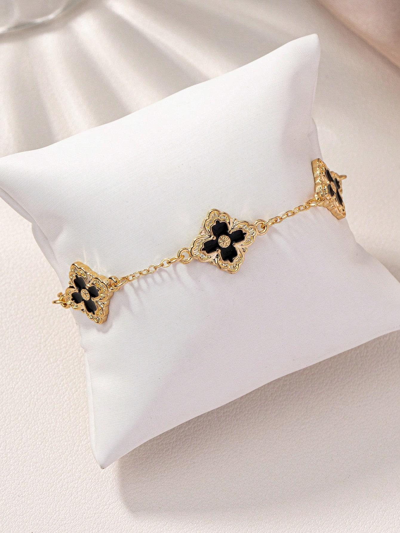 1pc Bracelet de Luxe Trèfle à Quatre Feuilles Perlé Femmes Vintage Chic Artistique et Unique Bracelet Haut de Gamme Adapté one-size noir