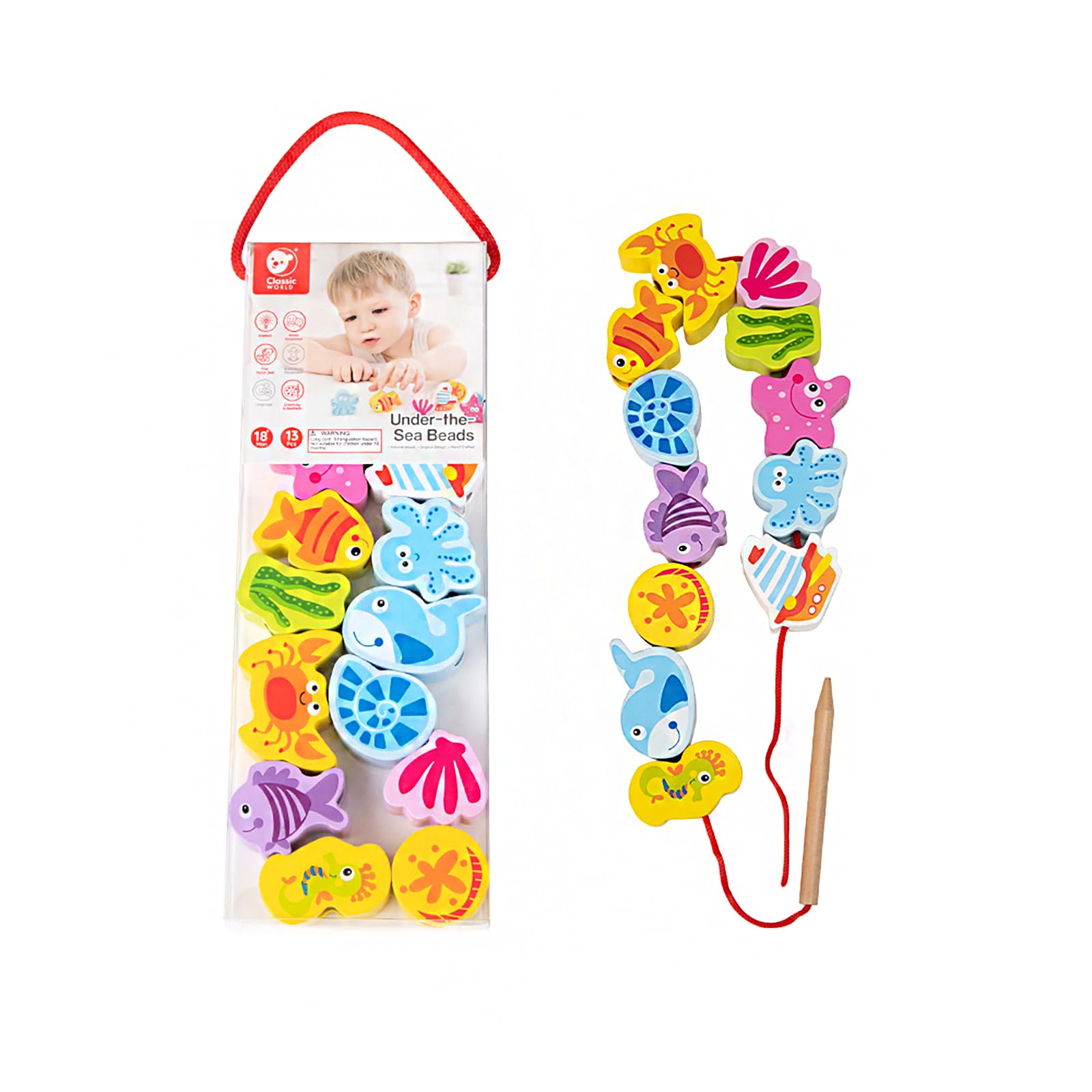 

Wooden Bead Stringing Toy for Fingertips, Ages 2 and Up, 18 Months and Up, Fish, Ocean, Christmas Gift [Classic World Under the Sea Beads] CL3636