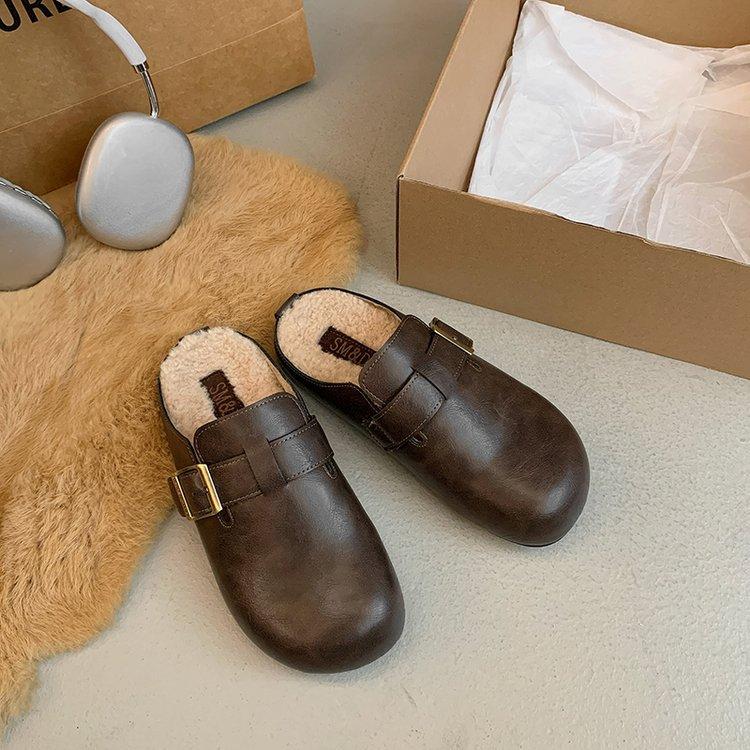 

Soft fur fur bag head half slippers women wear thick-soled plush round head cotton shoes in winter, warm snow boots Muller shoes 40