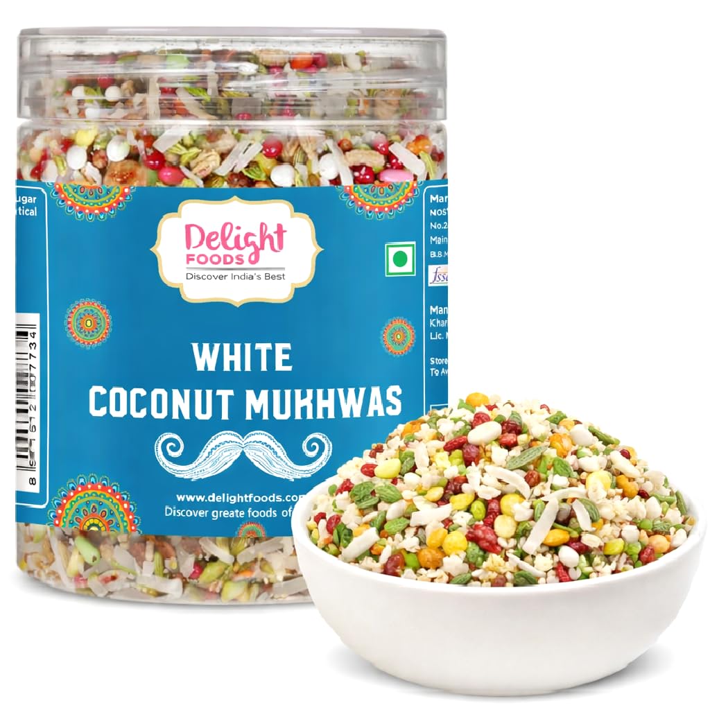 Delight Foods Белый Кокосовый Мукхвас 300 г | Сладкий Кокосовый Освежитель Рта | Пищеварительная Закуска После Еды | Премиальная Индийская Смесь Фенхеля и Кокоса | Осве