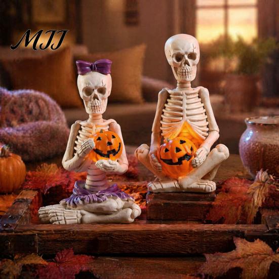 Funny Skeleton Gifts 2Pcs/Set Couple Statues, with Pumpkin Figurines, Men Unique Photography Props Women Ornaments for Halloween Table Mantel