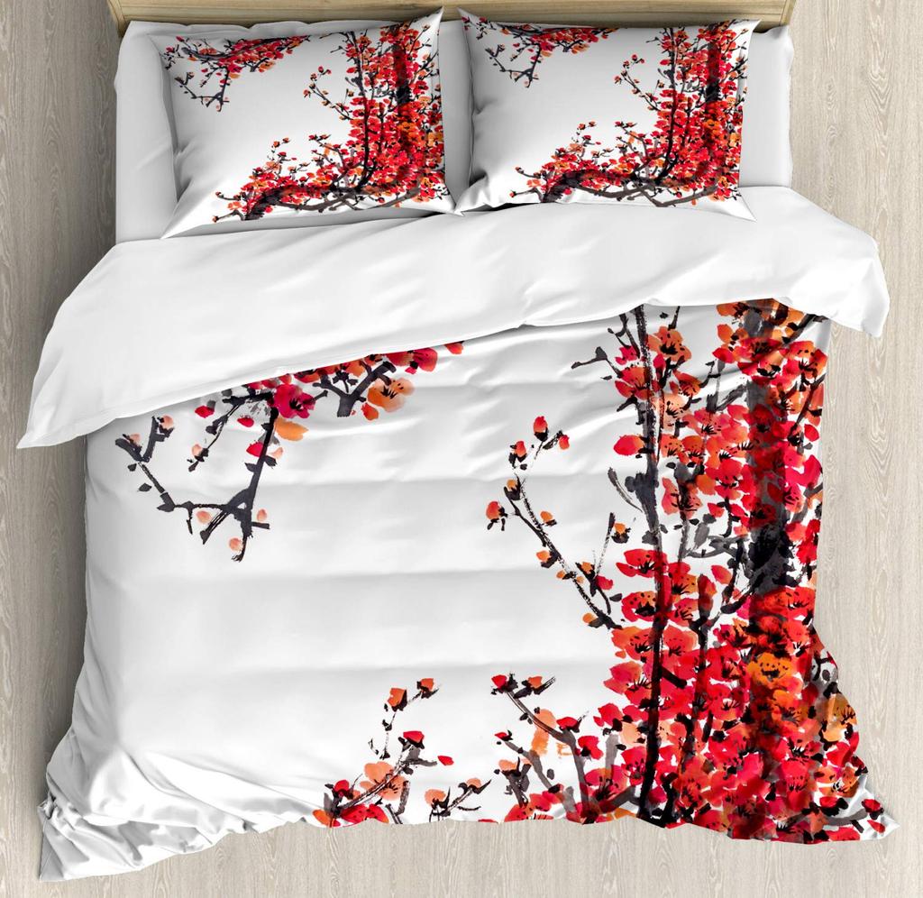 Cherry Blossoms Duvet Cover King/Queen Size,Japanese Sakura Tree Pink Floral Spring Vintage Cultural Bedding Set for Women Girls