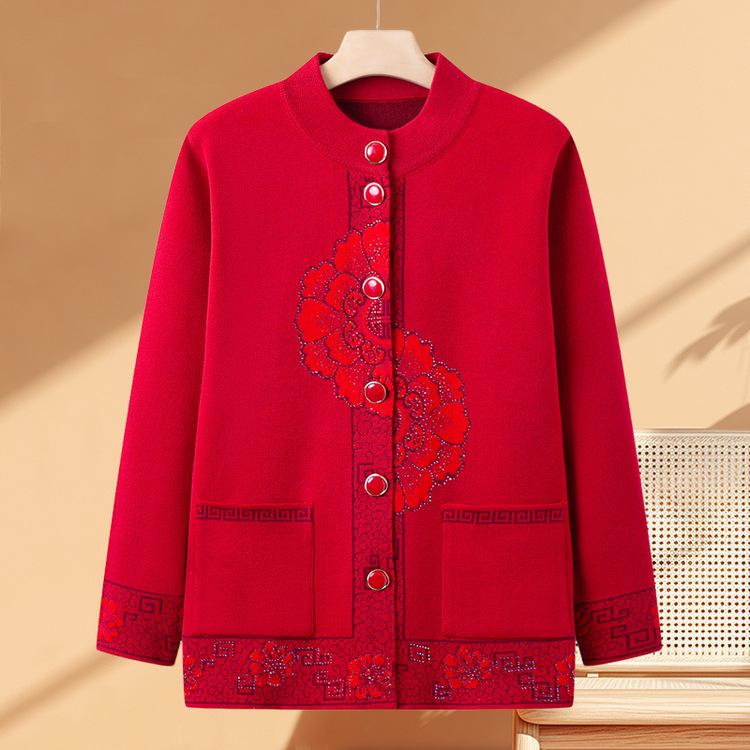 Grandma Round Neck Cardigan Sweater Middle-aged and Elderly Sweater Festive Top 60 Years Old 70 Mother New Chinese Style Jacket