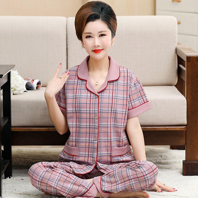 Summer cotton pajamas women's short-sleeved trousers middle-aged women's plus-size cardigan set thin loungewear