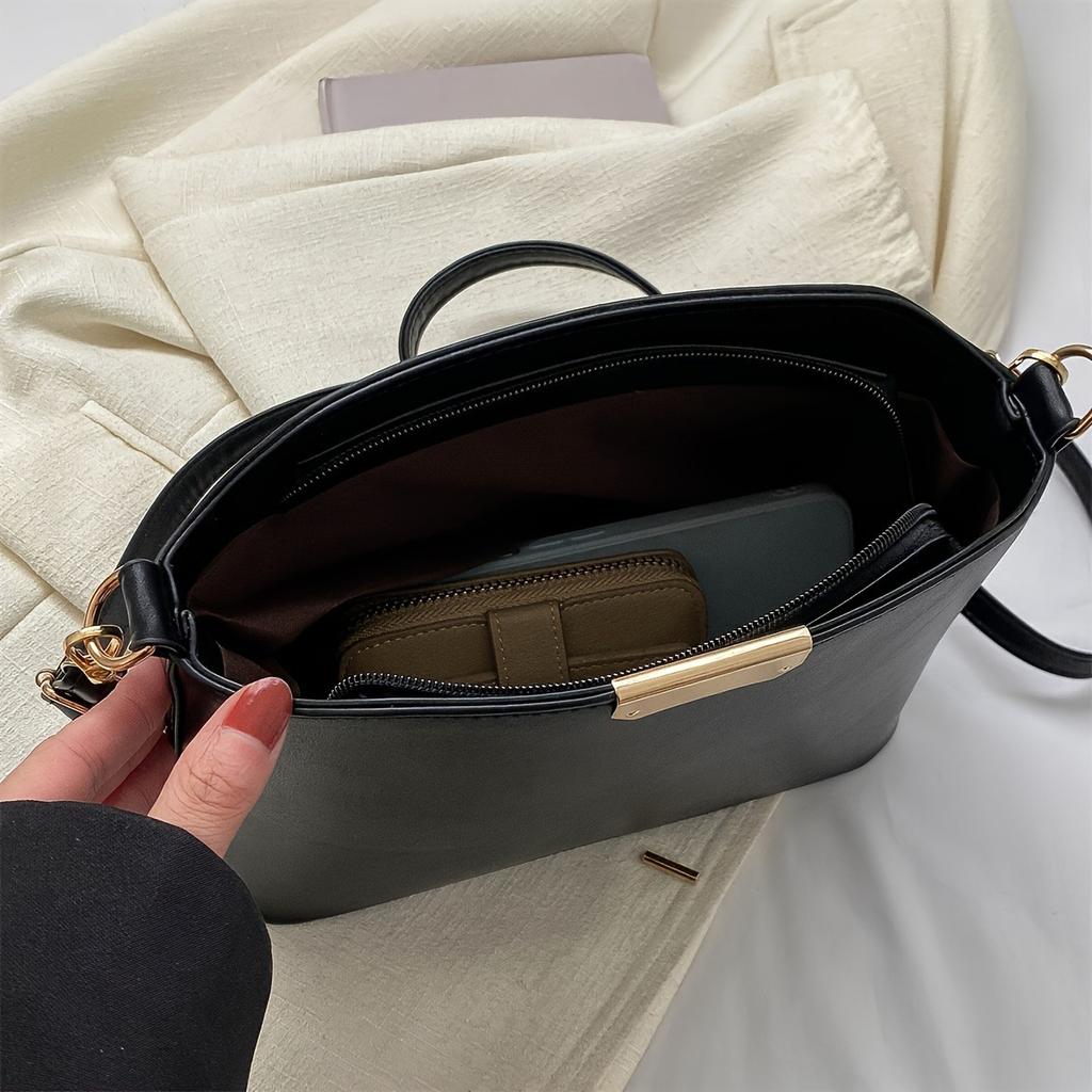 Bolso de Hombro Clásico para Mujer de Cuero Sintético Liso Correas Ajustables Elegante Forma de Concha Bolso Cruzado Cierre de Cremallera Interior sin Forro