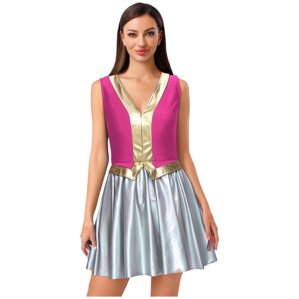 Womens Halloween Arab Princess Cosplay Dress V Neck Sleeveless Contrast Color Metallic Shiny Party Dress