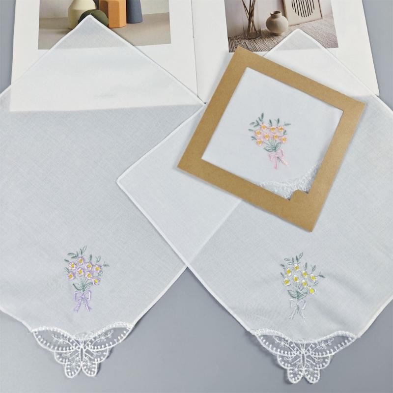 Multicolor Cotton Handkerchiefs Set for Women Embroidered Flower and Butterfly Lace Edge Portable Pocket Square Towel