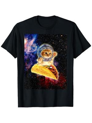 Stars Space Cat Riding Taco Astronaut Graphic Tee Funny Cosmic Animal Lover Casual T-Shirt