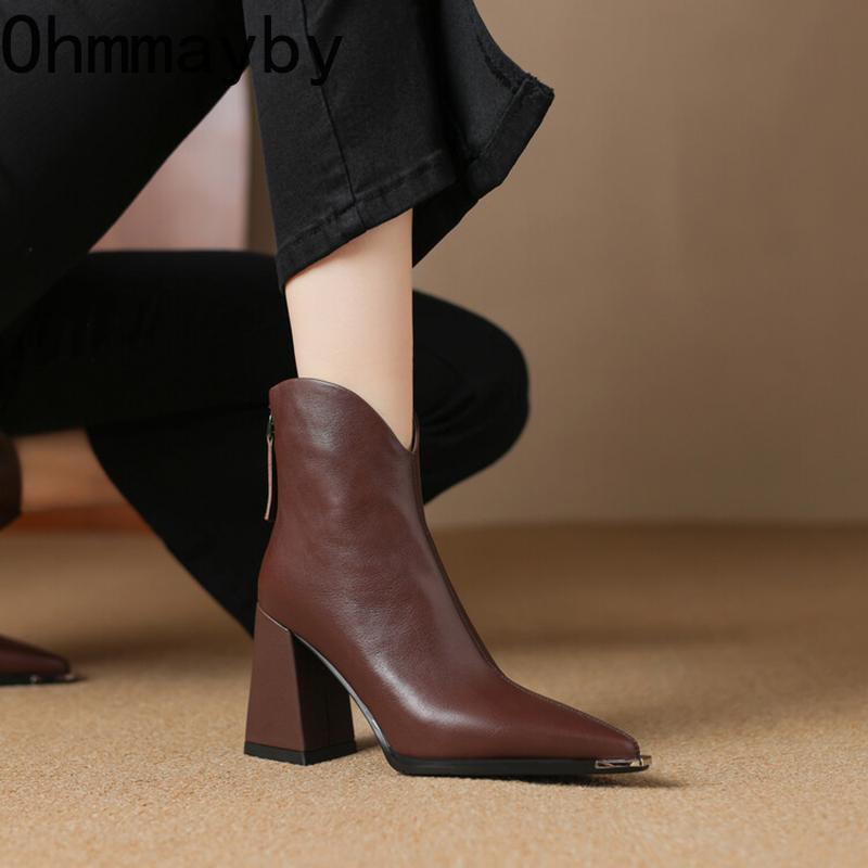 Design Metal Pointed Toe Women Ankle Boot Fashion Thick Heels Shoes  Spring Ladies Short Booties