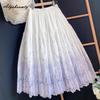 French Style Spring Summer Women Sweet Midi Skirt High Waist White-Purple Floral Embroidery Delicate Skirt Elegant Feminine Ladies' Skirt