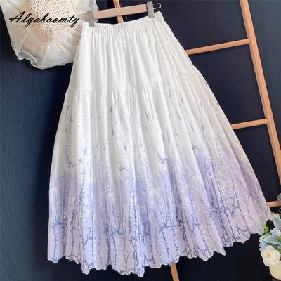 Estilo Francés Primavera Verano Mujer Falda Midi Dulce Cintura Alta Bordado Floral Blanco-Morado Falda Delicada Elegante Femenina Falda de Señora