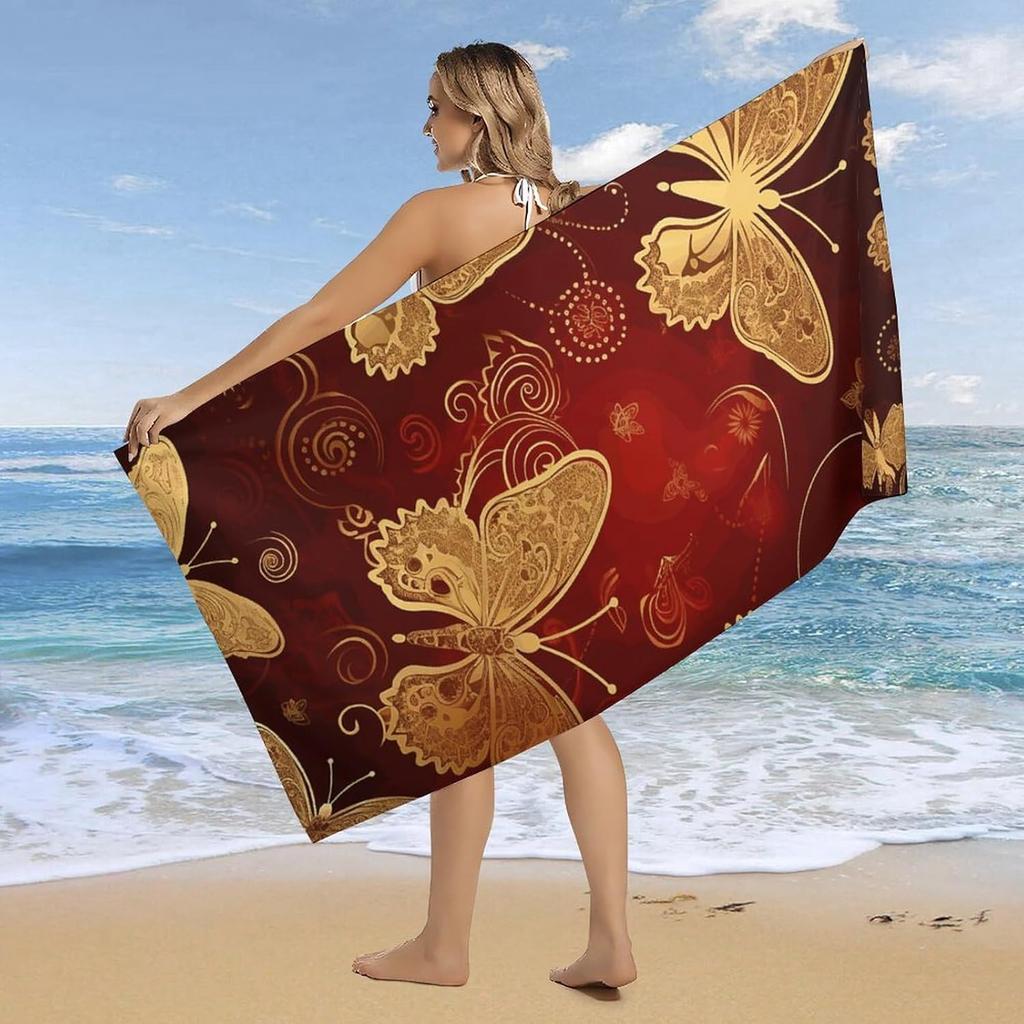 Hearts Golden Butterfly Beach Towel Oversized Beach Towels Lightweight Sand Free Pool Towel Quick Dry Absorbent Bath Towels