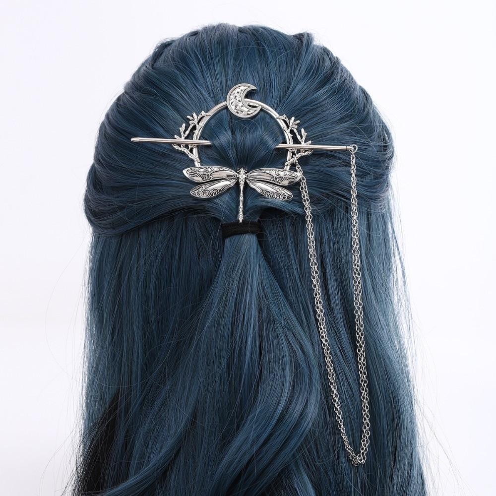 Quasten Design Libellen Haarnadel mit Kette Haarspangen Neumond Haarspange Kopfschmuck