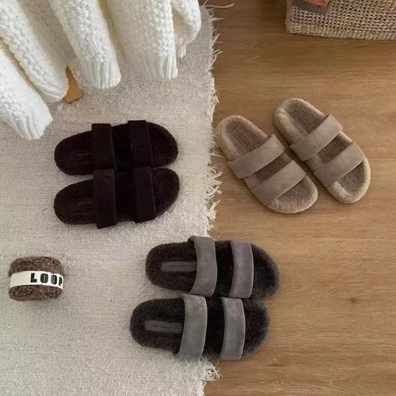 Fashion Women's Cozy Double Strap Warm Indoor Fashion Furry Fur Slippers Outdoor Indoor Female Slides Sandals Winter Ladies Flats Shoes