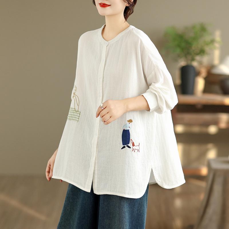 Women's 2025 Cotton Gauze Round Neck Long Sleeve Loose Embroidery Shirt