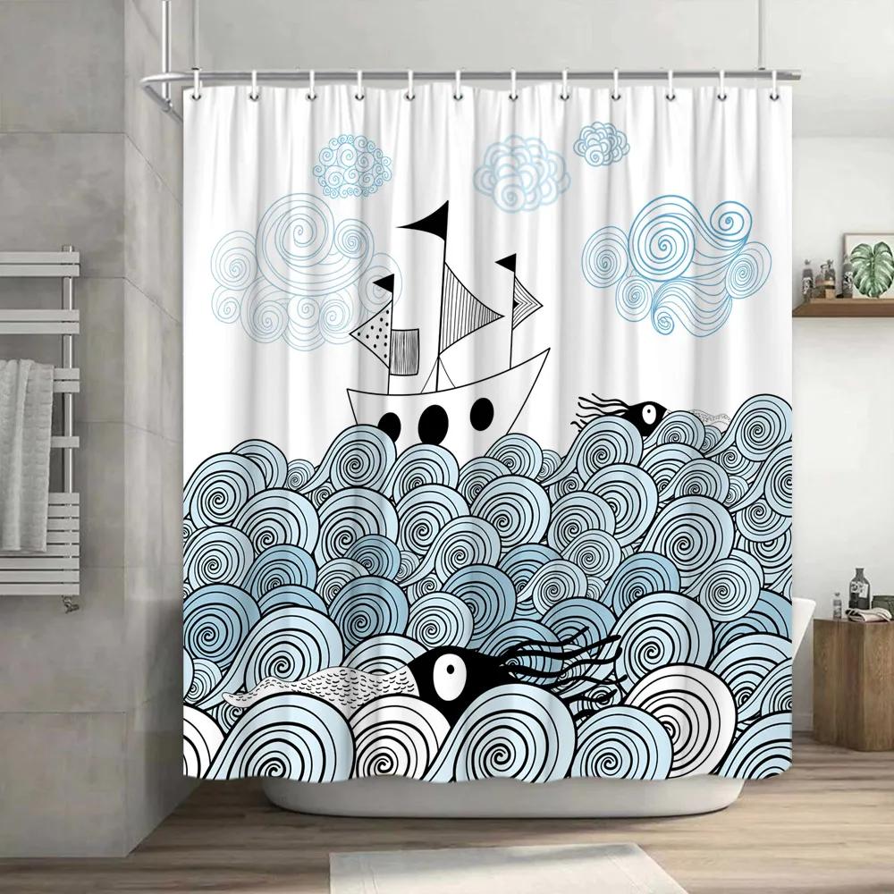 Funny Shower Curtain Brave Cat Cartoon Shower Curtain Waves Ocean Decor Fabric Shower Curtain Set with Hooks Bathroom Decoration