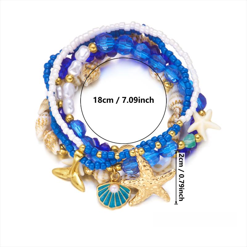 1 Set Summer Ocean Blue Beads Strand Hand Chain Bohemia Starfish Shell Beaded Bracelets For Women Jewelry Beach Vacation Gift