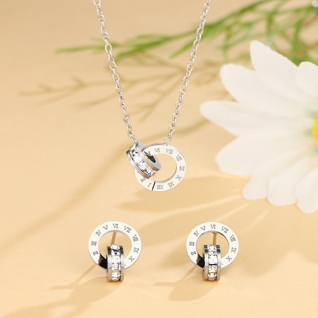 3pcs  Double Ring Creative Earrings Advanced Roman Digital Zircon Necklace Romantic Women’s Stainless Steel Jewelry Set