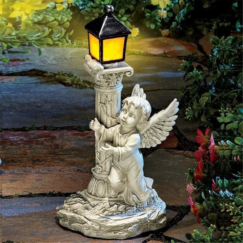 Roman Colum Child Sculpture Lamp Outdoor Garden Resin Statue for Yard Decors