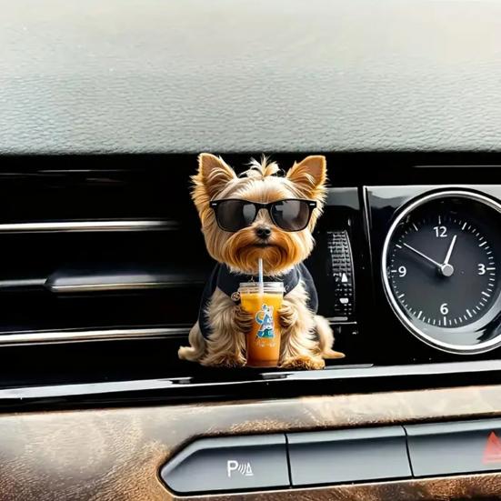 Auto Lufterfrischer Clips Niedlicher Milchtee Welpe Acryl Auto Lüftungsschlitz Clip mit Austauschbaren Duftkissen 2D Armaturenbrett Deko Einfach Aufsteckbar Geschenk für Hundeliebhaber