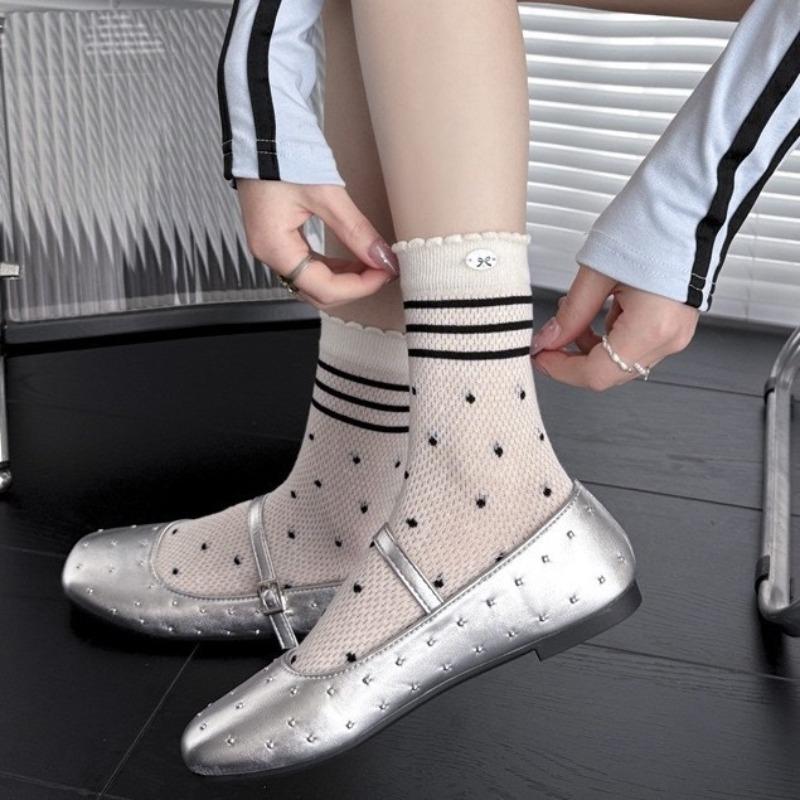 Summer Lightweight Ankle-length Sheer Mesh Dotted Stacked Socks, Versatile Long Socks, Pure Cotton Women's Socks