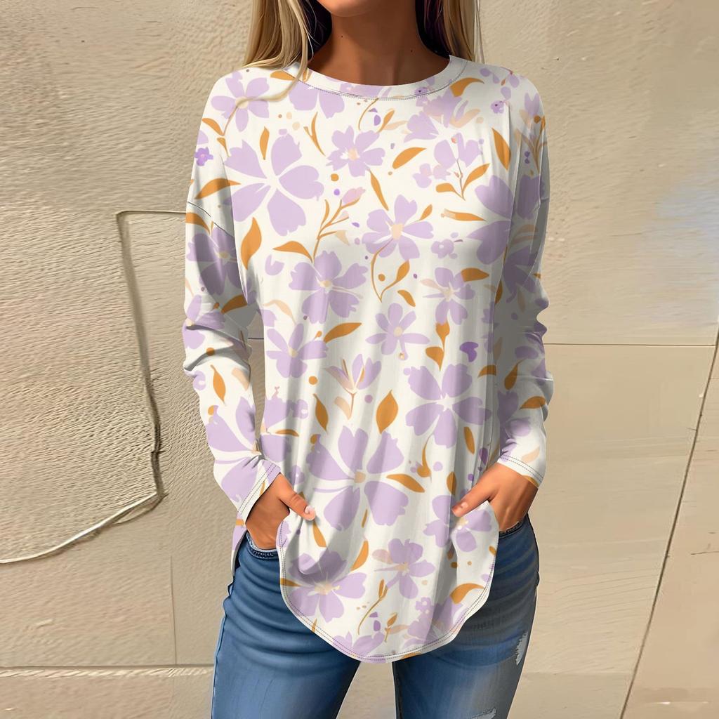 Women's Fashion Casual Round Neck Floral Long Sleeve T-shirt Pullover Long Sleeve Top