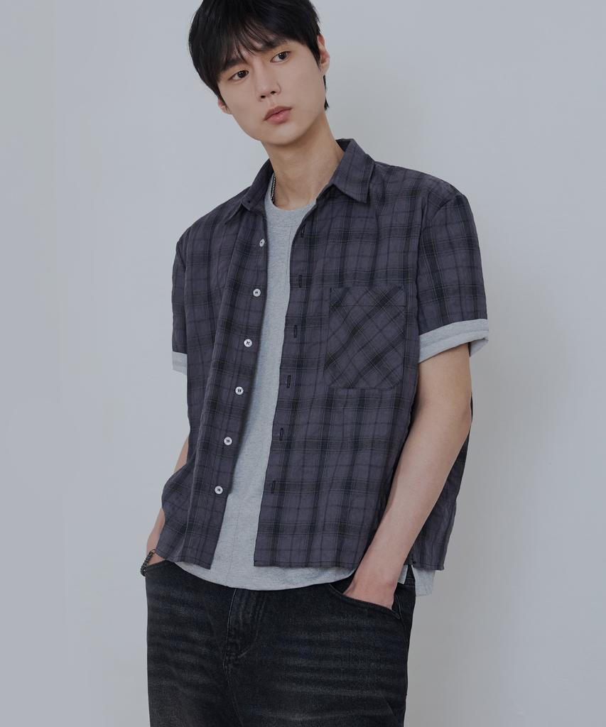 NODU Seersucker Check Crop Half Shirt [Charcoal]