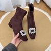 Beautiful suede inner height increase CM small thin boots women's fleece square head rhinestone thick heel commuter short boots