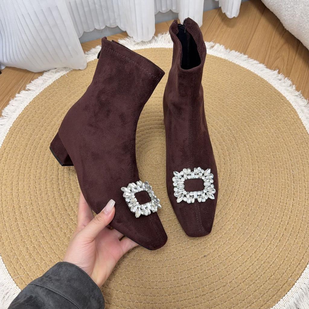 Beautiful suede inner height increase CM small thin boots women's fleece square head rhinestone thick heel commuter short boots