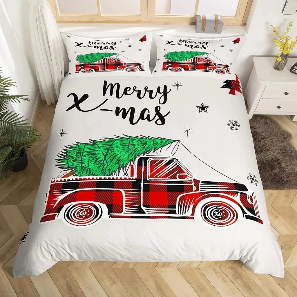 Frohe Weihnachten Bettbezug-Set, Rot kariert Rustikaler Truck Bettdeckenbezug, Karierte Weihnachtsbaum Elch Hirsch Schneeflocke Bettwäsche-Sets