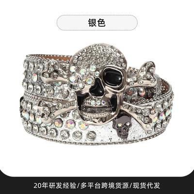 Denim Wind and Water Diamond Inlaid with Personality Trend Imitation Leather Thick Alloy Belt Tide Skull Belt
