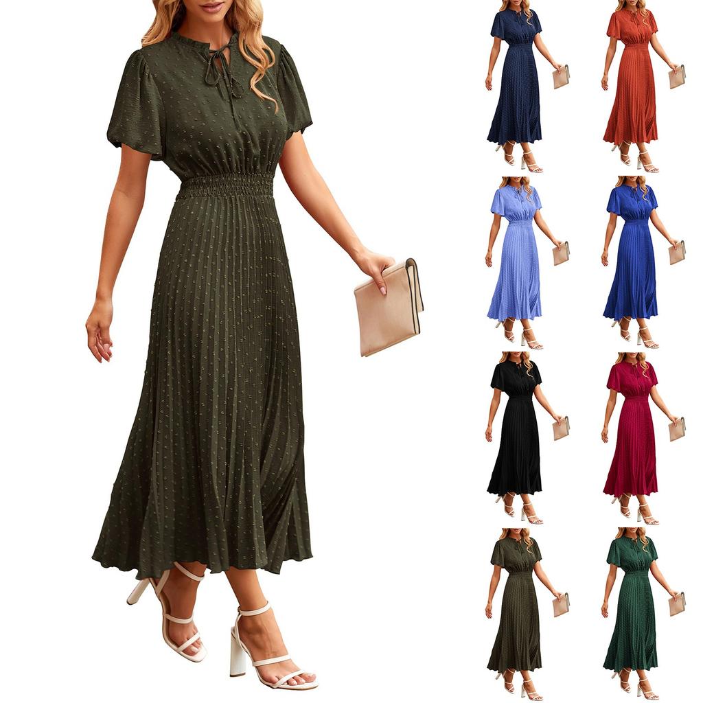 Women's Summer Fashion Loose V-Neck Short Sleeve Tie Solid Color Dresses