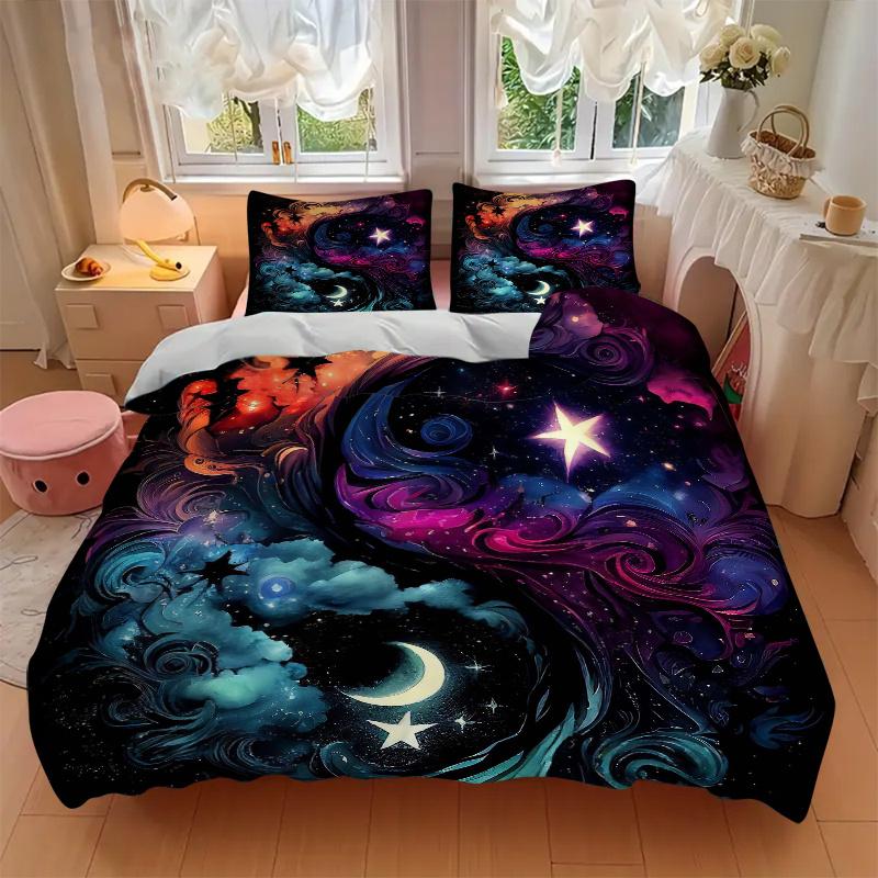 3pcs Celestial Dance In Vibrant Swirls and Stars Bedding Set - 1 Soft Quilt Cover + 2 Pillowcases, Machine Washable - Suitable for All Seaso