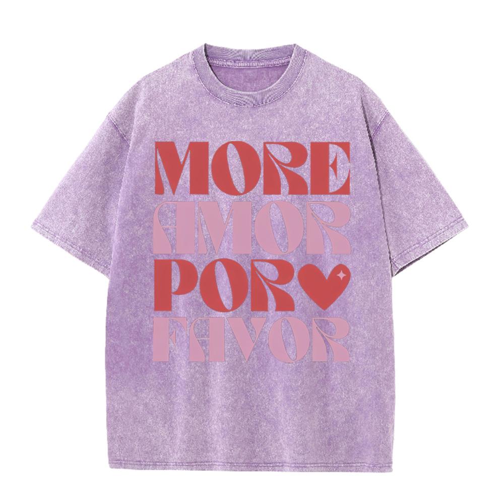 2026 Vintage Nero Lavato More Amor Por Favor T-shirt Grafica Stampa Testo Amore Spagnolo Oversize Casual Manica Corta T-shirt