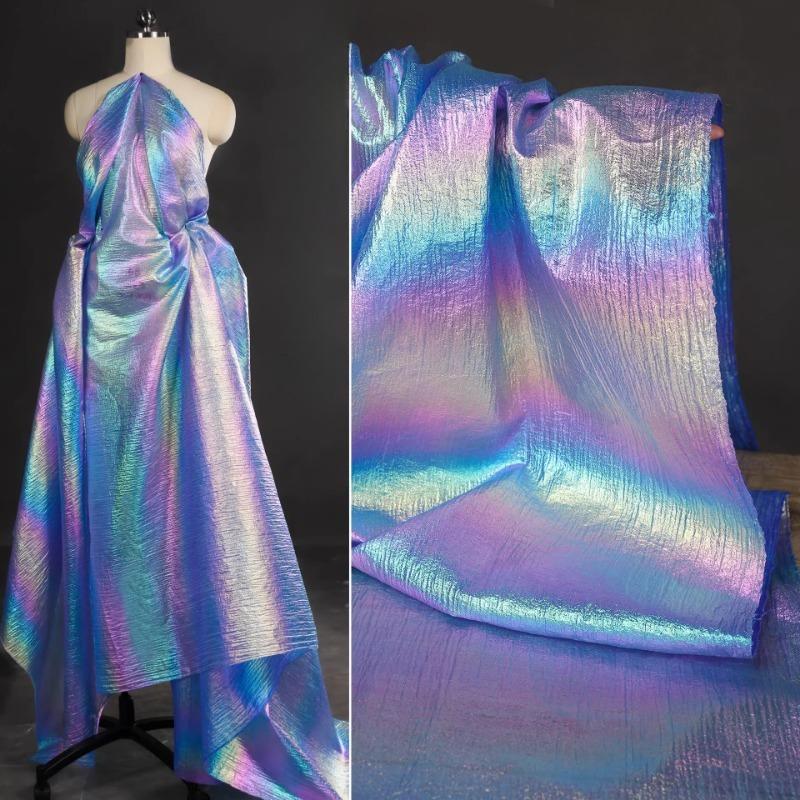 Laser Gradient Pearl Net Chiffon Fabric with Iridescent Crinkle Sheen for Stage Gown DIY Luxury Haute Designer Fabric