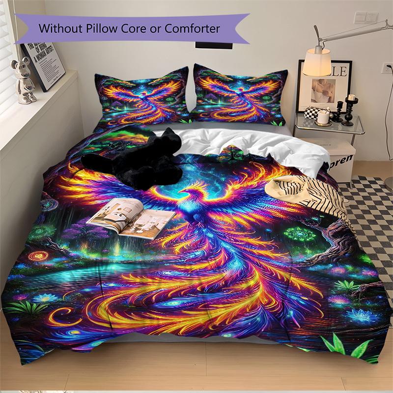 3PCs Psychedelic Phoenix Design Cover Set, Breathable Fabric, Machine Washable (1 Duvet Cover + 2 Pillowcases) (Without Quilt) yy250911176