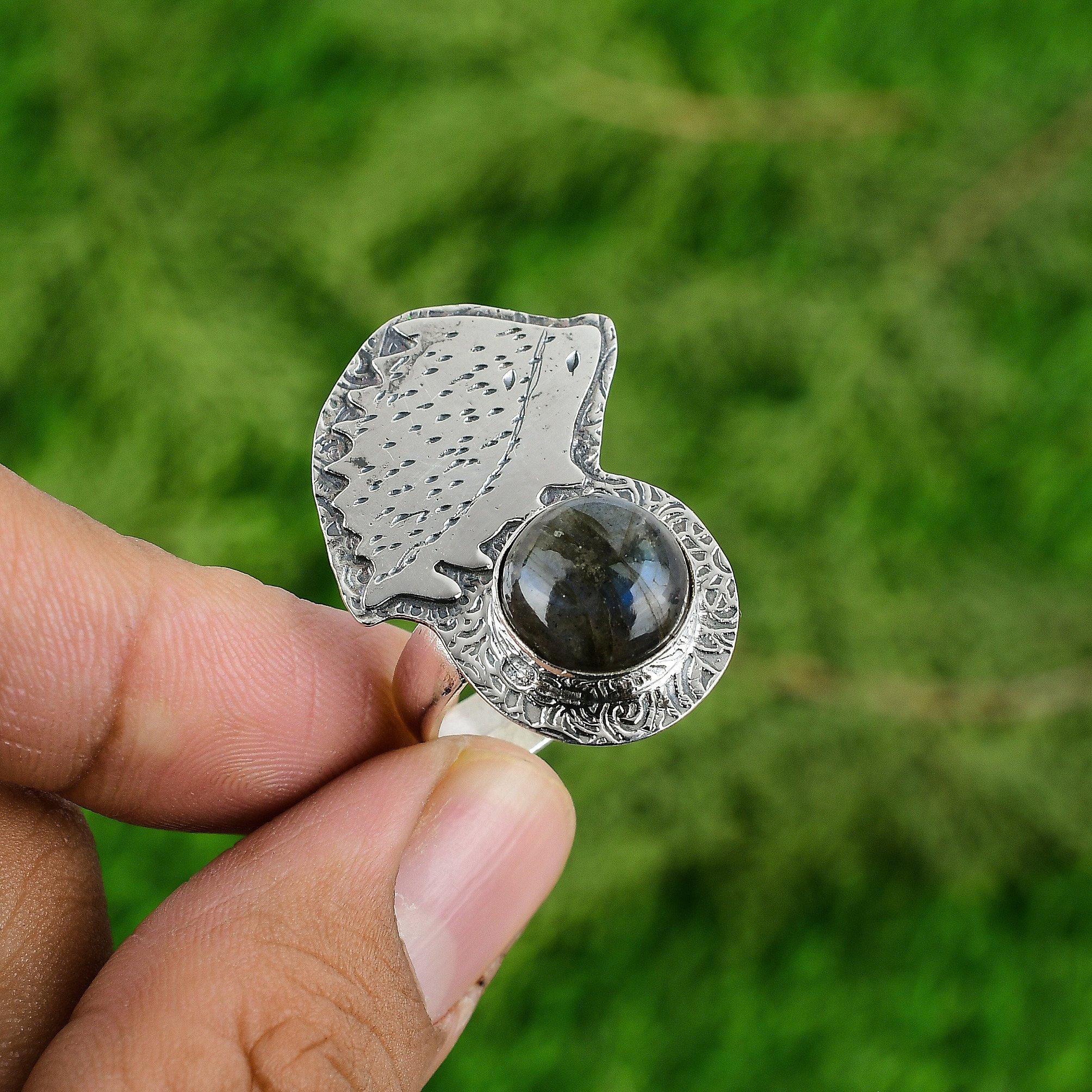 

Sterling Silver Labradorite Gemstone Birthday Wedding Bezel Artisan Unique Ring Adjustable