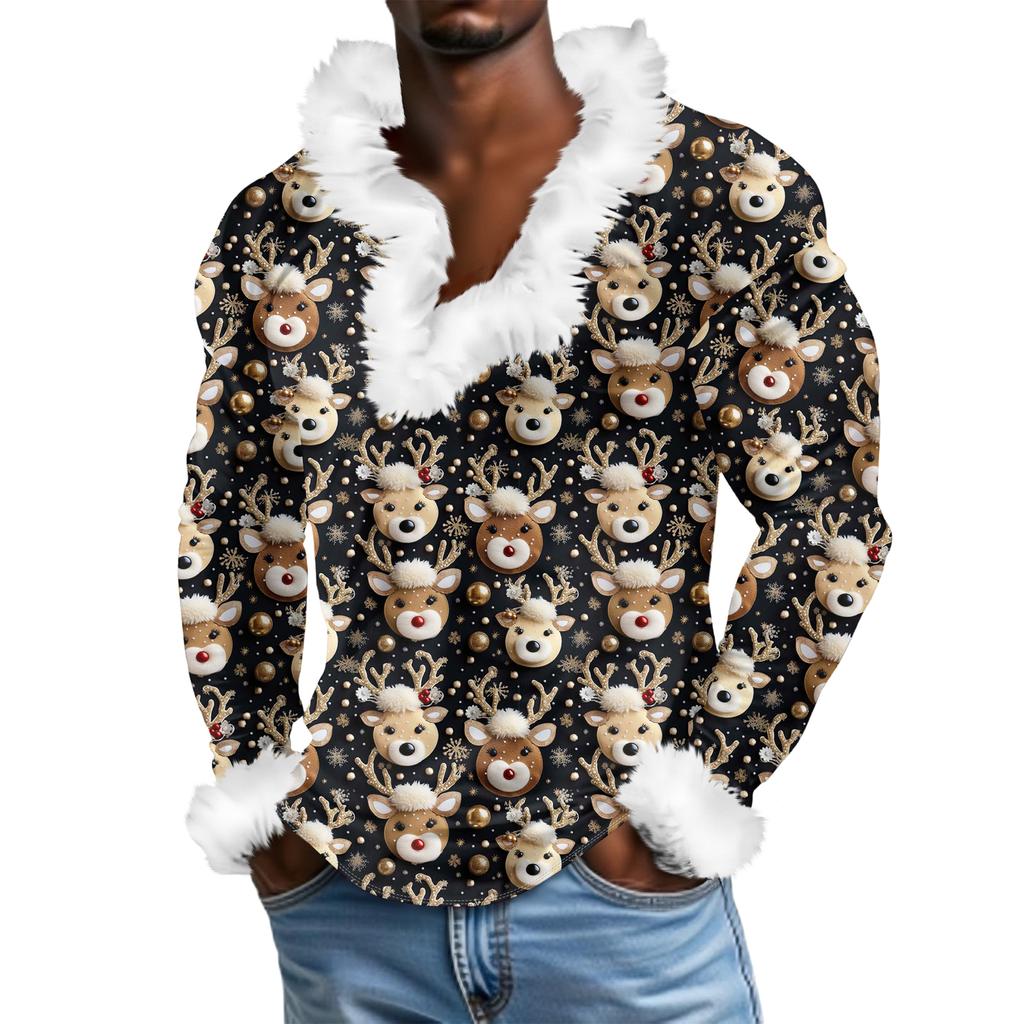 Męska bluza z kapturem z nadrukiem świątecznym, podszyta polarem | Sweter imprezowy z imitacją obszycia i kieszenią | Duży rozmiar, luźny krój, świąteczny pulower