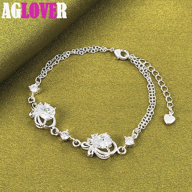 925 Sterling Silver White AAA Zircon Heart Bracelet Jewelry