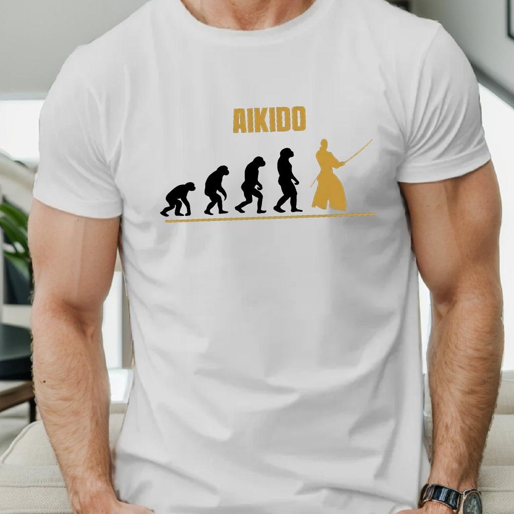 Aikido Evoluce Bojová Umění Grafické Tričko Pánské Ležérní Krátký Rukáv Prodyšná Bavlna Letní Tričko