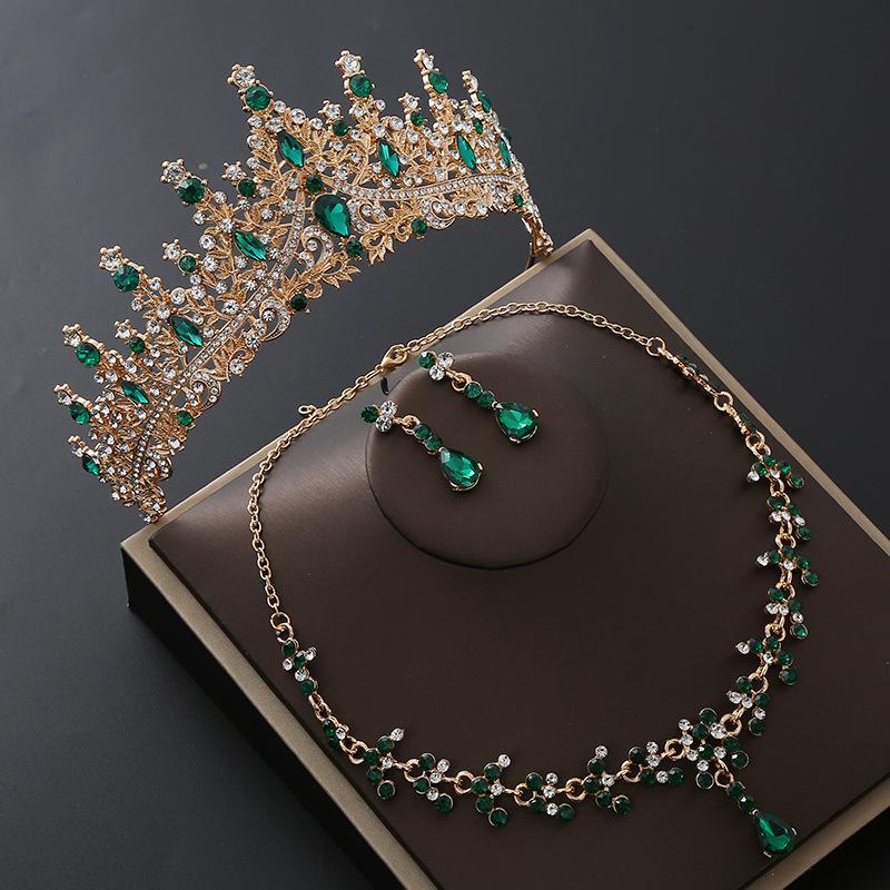 Bridal Crown Three Piece Set Alloy Hair Hoop Wedding Necklace Earrings Headdress Winter Red Wedding Hair Accessories New