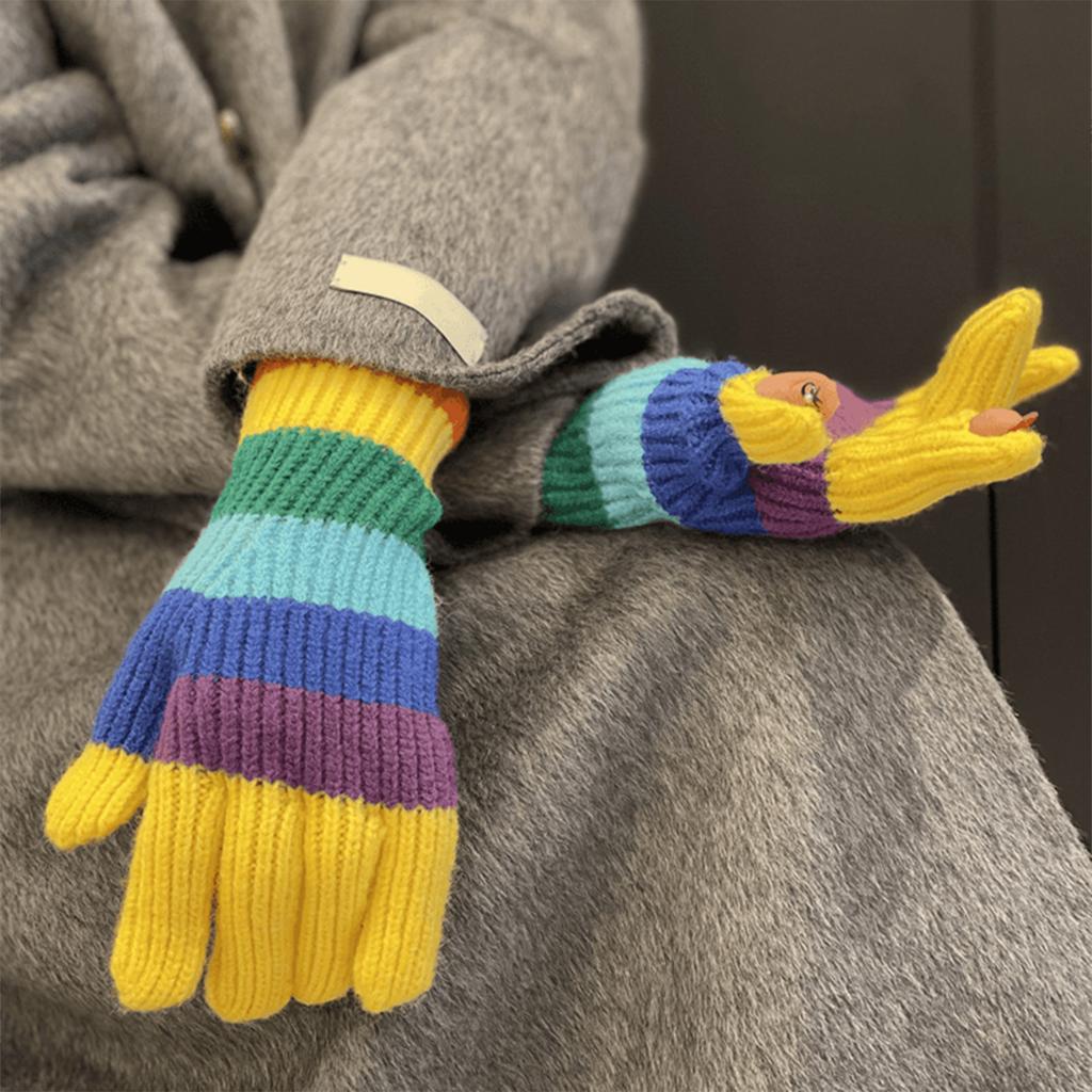 Rainbow Color Striped Knitted Gloves Winter Full Finger Mitten Thicken Warm Christmas Harajuku Gloves for Girlfriend