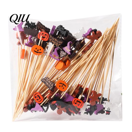 Cute Halloween Party Supplies 100PCS Bamboo Toothpicks, Tree Shaped Disposable Skewers, Natural Appetizer Picks Decorative Dessert Toppers for