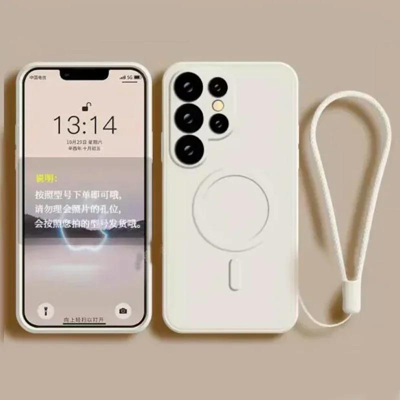 Wrist Strap Magsafe Liquid Silicone Case For Samsung Galaxy S25 Edge S24 Ultra S23 FE S22 S21 Magnetic Wireless Charging Cover