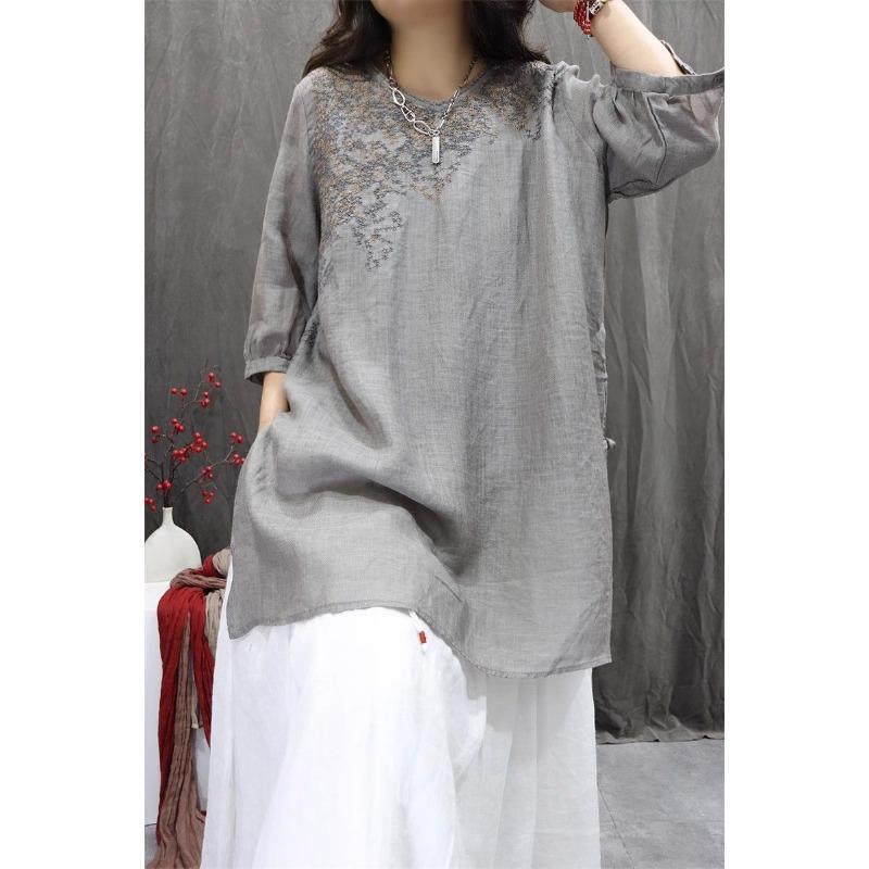 Women Summer Spring Round Neck Half Sleeve Cotton Linen Blend Embroidered Retro Casual Tunic Top