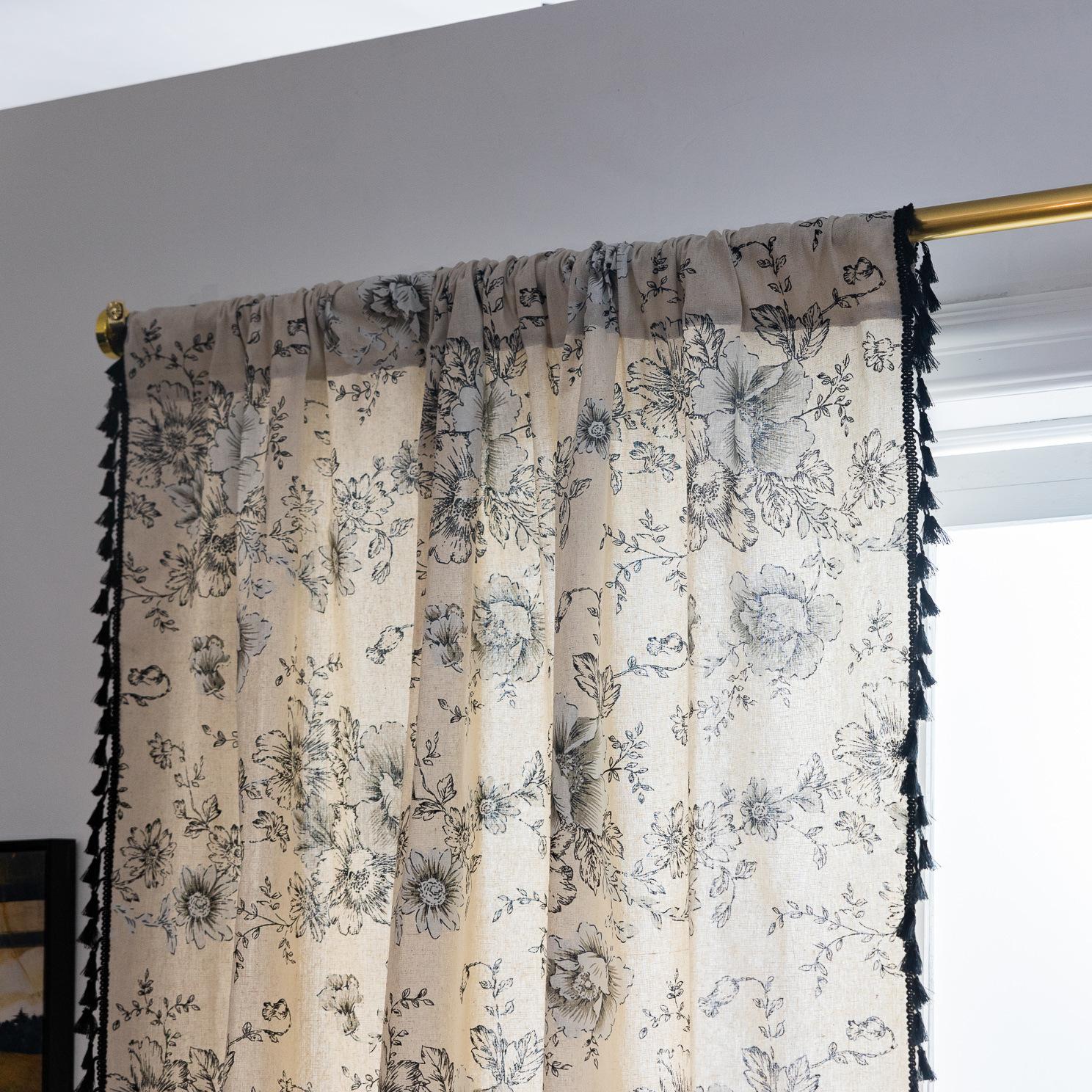 

Готовая штора черная с бахромой, хлопково-льняное кружево, красная набивная роза, штора для маленького окна, кухонная штора Height 45cm * Width 132cm