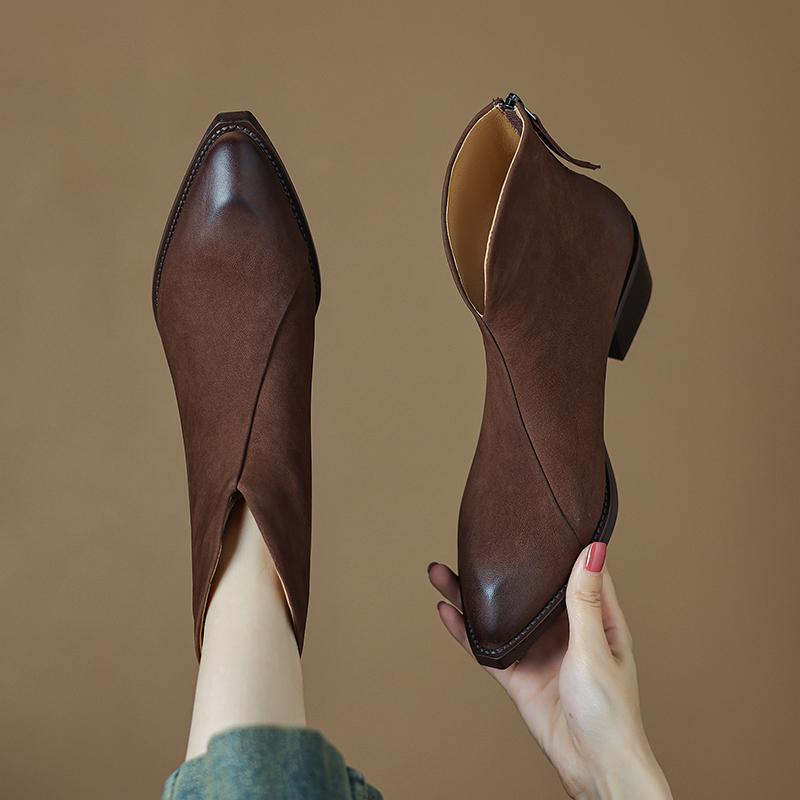 Fashion NEW Autumn/Winter Women Boots Pointed Toe Chunky Heel Shoes Genuine Leather Shoes for Women Casual Zip Ankle Boots Western Boots