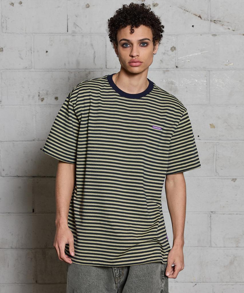 HOODHOOD Logo Stripe Short Sleeve T-Shirt Navy